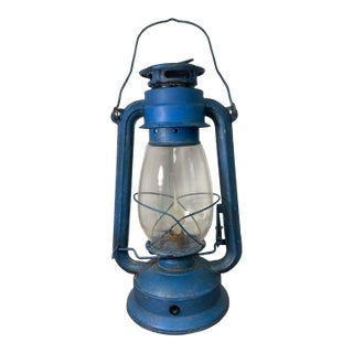 Vintage Blue Metal Kerosene Lantern Oil Lamp Rustic Farmhouse Decor Style For Sale