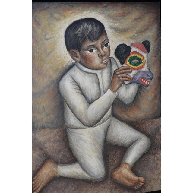 Jesus Ortiz Tajonar (1919-1990) Boy with Papier-Mâché Animal Warrior Mask c.1950s Fantastic mid century modern oil...