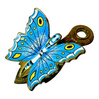 1970s Vintage Boho Chic Hollywood Regency Chippendale Brass & Enamel Butterfly Paper Clip For Sale
