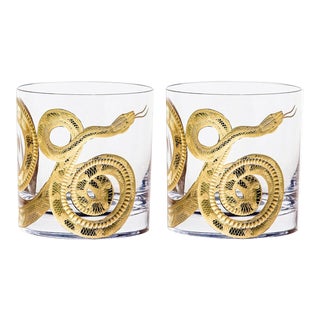 Cabinet of Curiosities Double Old Fashioned Glasses Snake Gold - a Pair For Sale