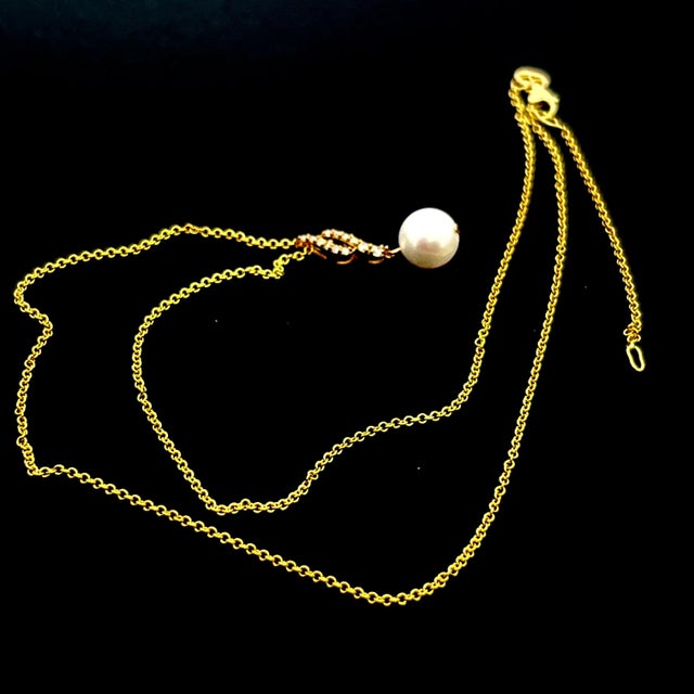 Italian Natural Solitaire Akoya Pearl Diamond Pendant Set 18" 14k YG 8.02 mm Certified For Sale - Image 3 of 6