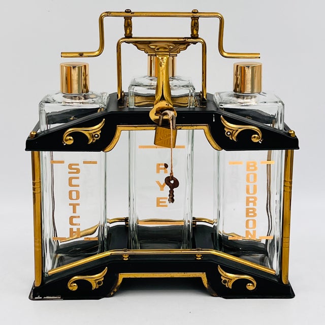 Metal Mid 20th Century Mid-Century Modern Black and Gold Tantalus Decanter Set, Liquor Caddy, Portable Bar For Sale - Image 7 of 18