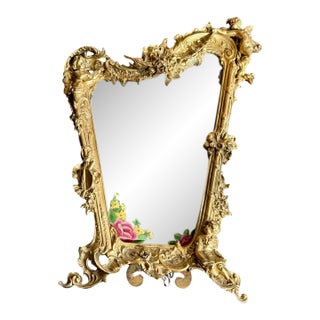 Antique Italian Rococo-Style Table Mirror With Gilded Metal Frame, Featuring Putti (Cherubs) Decor and Floral Painting For Sale