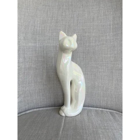 White Mid-Century Modern Iridescent Ceramic Cat Figurines - Set of 2 For Sale - Image 8 of 16