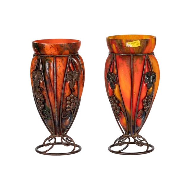 Larry Flynt Estate Provenance | Pair of French Art Deco Le Verre Francais Art Glass & Wrought Iron Vases, C. 1925 For Sale - Image 4 of 11
