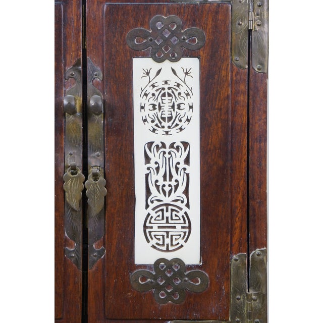 Mid 20th Century Chinese Rosewood & Brass Inlaid Locking Jewelry Box Tansu Cabinet 12" For Sale - Image 6 of 18