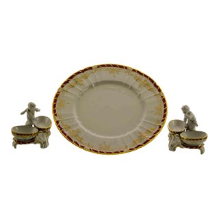 1980’s Vintage/New Old Stock KPM Dinner Plate & Pair of Salt Cellars With Putties Hand-Painted With Purple-Red & Gold- 3 Pieces For Sale