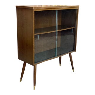 Mid-Century Modern Walnut Glass Sliding Door Bookcase Cabinet For Sale