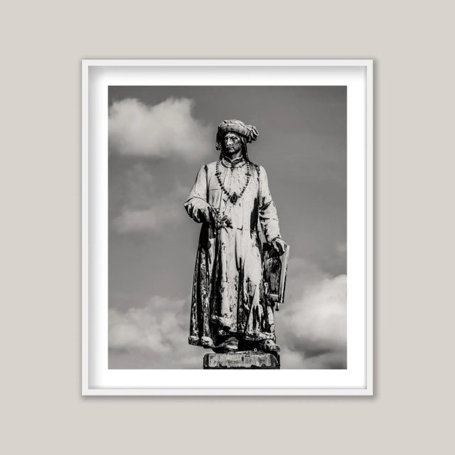 Black and white photograph of the magnificent monument to the painter Jan van Eyck in Bruges, Belgium. It has stood here...