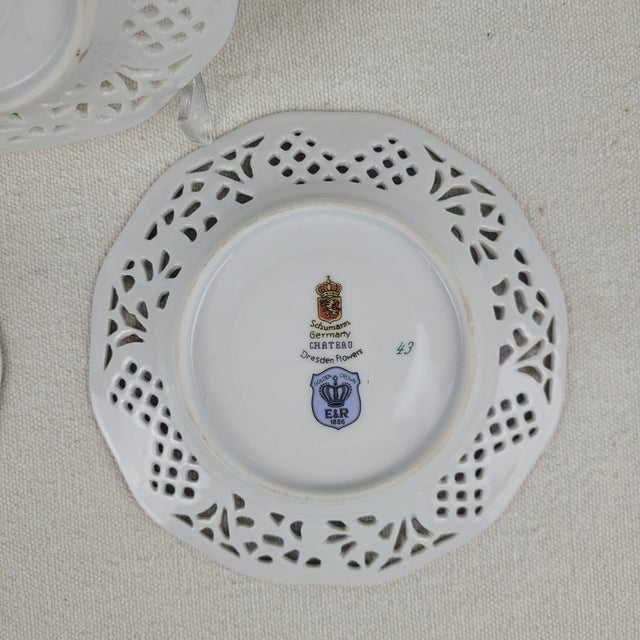 White Early 20th Century Schumann Germany Chateau Dresden Empress Reticulated Saucers - Set of 3 For Sale - Image 8 of 10