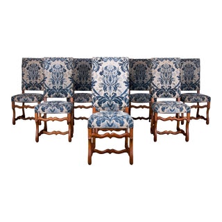 Antique Country French Louis XIII Os De Mouton Maple Dining Chairs W/ Blue Damask- Set of 8 For Sale