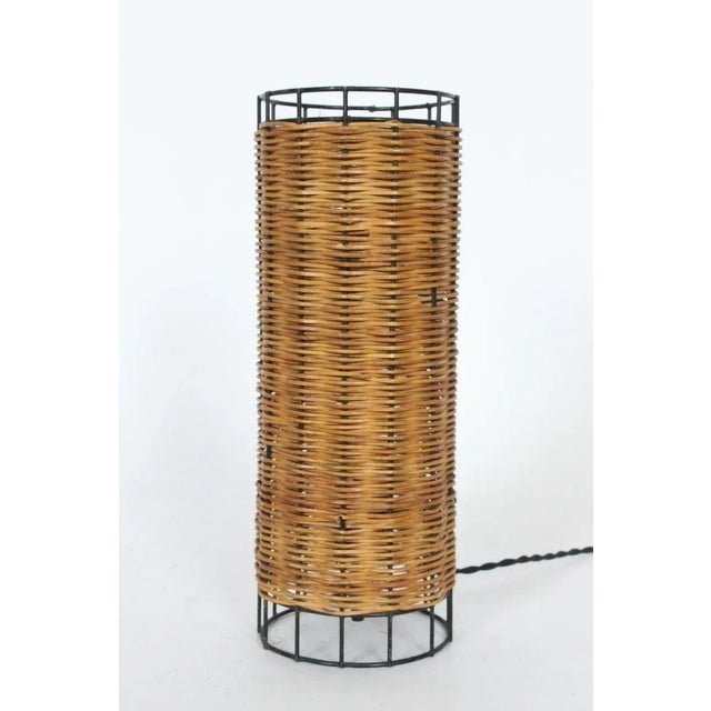 Paul Mayen Paul Mayen Habitat Style Black Wire & Woven Rattan Lamp, 1960s For Sale - Image 4 of 13