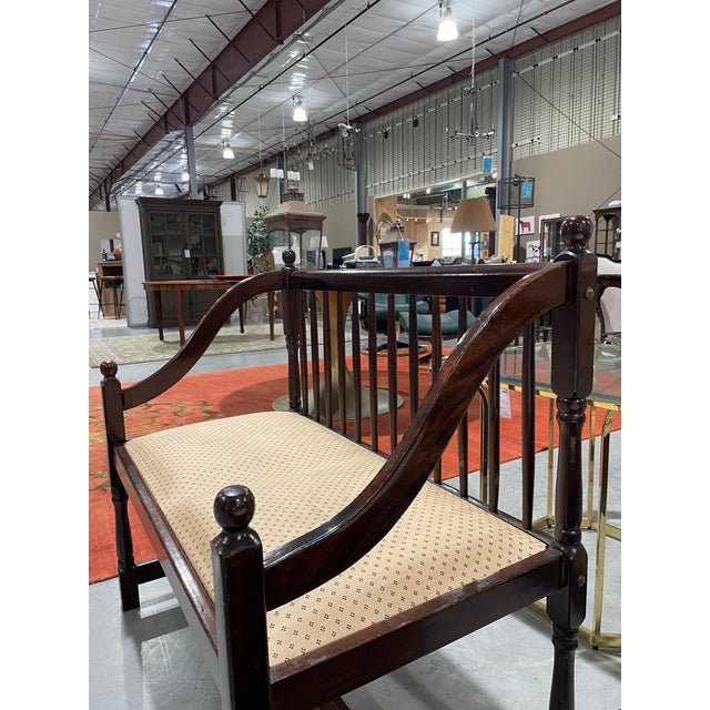 Vintage Mahogany Spindle-Back Upholstered Settee For Sale - Image 4 of 7