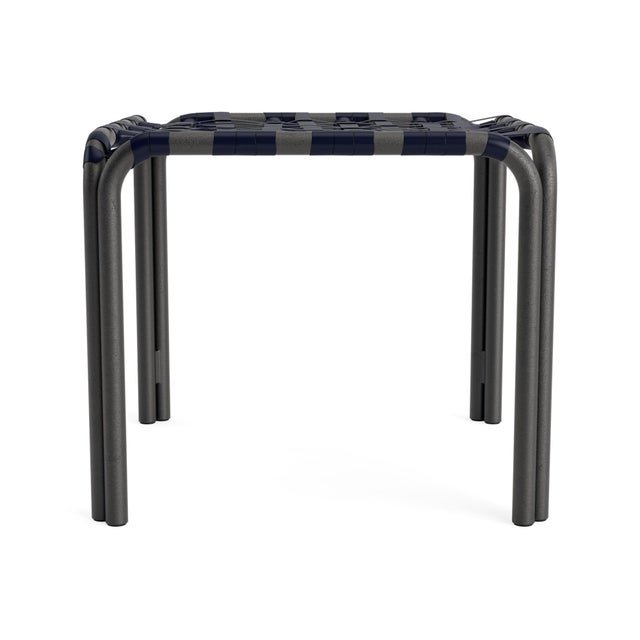 Contemporary Brown Jordan Kantan Aluminum Stacking Stool/Occasional Table, Vinyl Lace, Textured Pewter frame with Marine fabric For Sale - Image 3 of 11