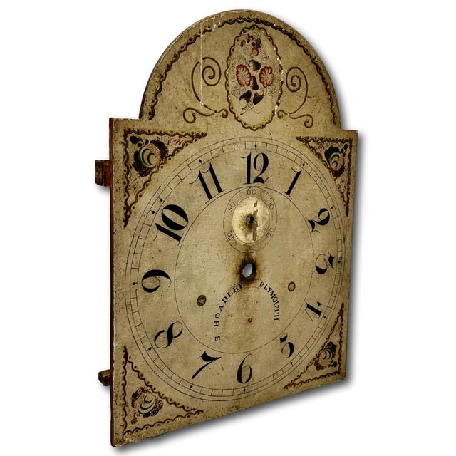 Antique American Hand Painted Wood Grandfather Clock Dial by Connecticut Maker Silas Hoadley - Circa Very Early 1800s For Sale - Image 4 of 18