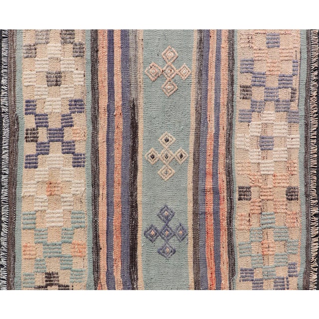 Stripe Design Turkish Vintage Flat-Weave Rug in Light Green, Purple, and Peach For Sale In Atlanta - Image 6 of 11
