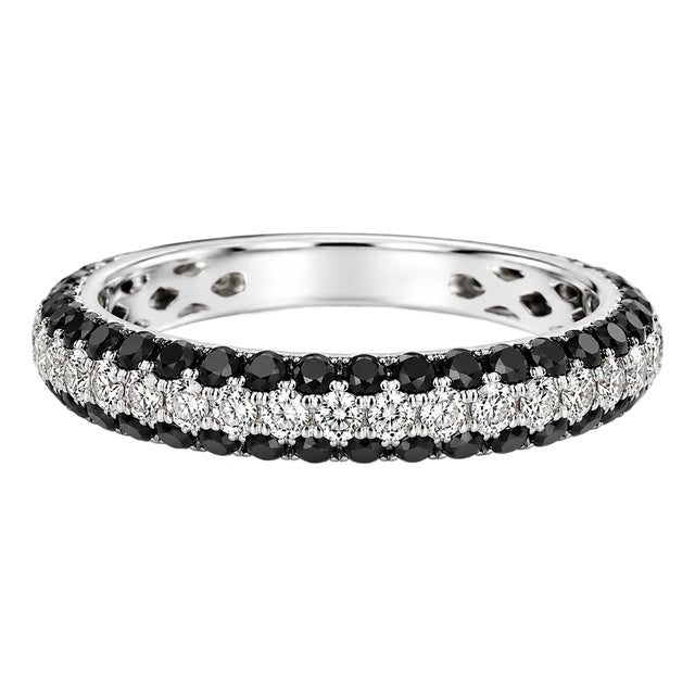 14K White Gold White Black Diamond 3 Row Eternity Wedding Band For Sale