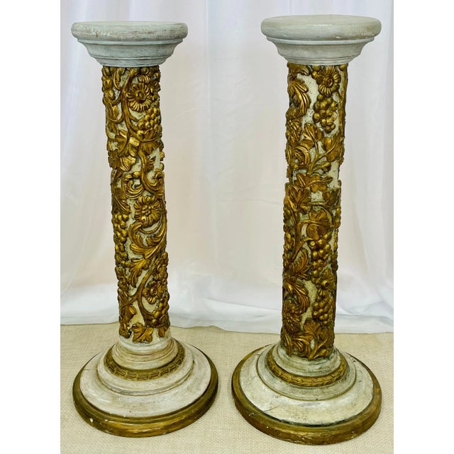 Pair of Table Top Diminutive Decorative Giltwood and Paint Decorated Italian Columns, Gustavian Style, 19th Century...