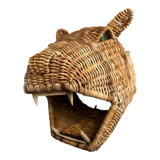 Wicker Jaguar Head With Glass Eyes, Mid-Century For Sale