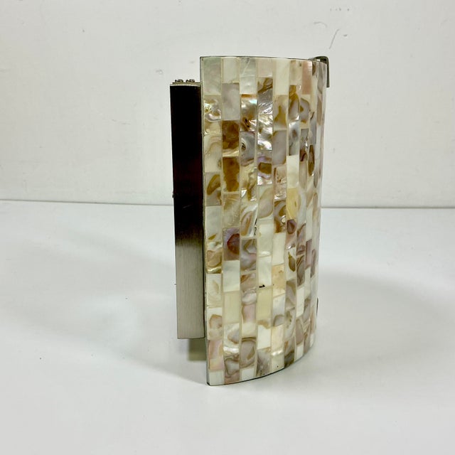 1980s Vintage Boho Chic Coastal Capiz Shell Mosaic Chips on Arched Glass Wall Sconces - A Pair For Sale - Image 10 of 14