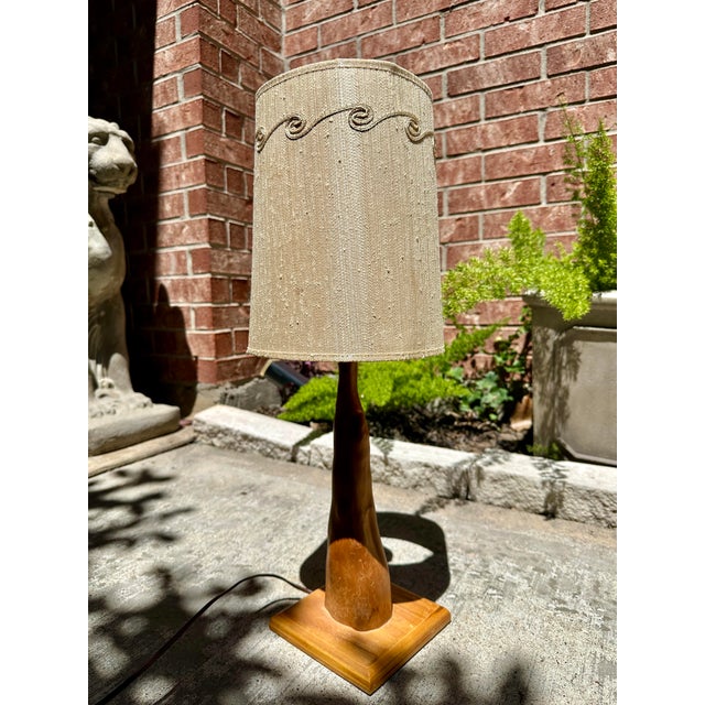 Vintage Mid-Century Teak Sculptural Table Lamp With Textured Cylinder Shade For Sale - Image 4 of 8