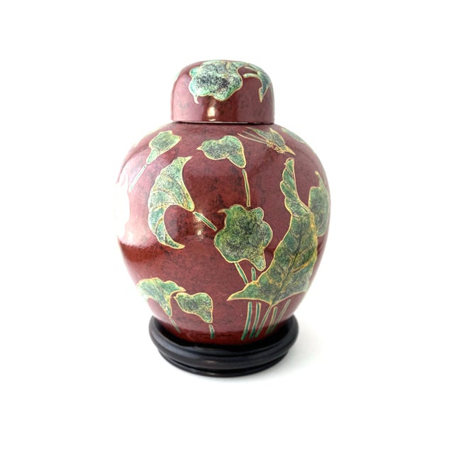 Red Vintage Ginger Jar Large Red Chinoiserie Lidded Jar With Leaf and Butterfly Design Made in Shanghai For Sale - Image 8 of 11