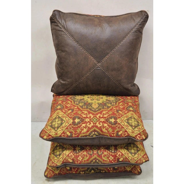 Mediterranean (4) Contemporary Mediterranean Red and Brown Tapestry Faux Leather Throw Pillows For Sale - Image 3 of 8