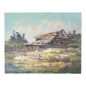 Rustic Western Primitive Rural Cabin Landscape Oil Painting 1977
