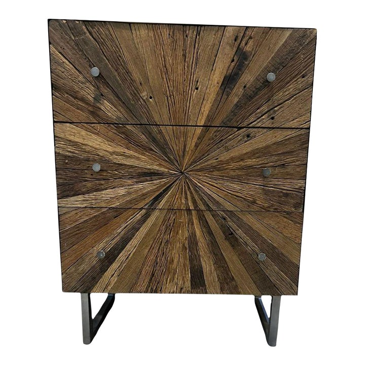 Rough-Hewn Wood Sunburst Cabinet With Metal Base | Chairish