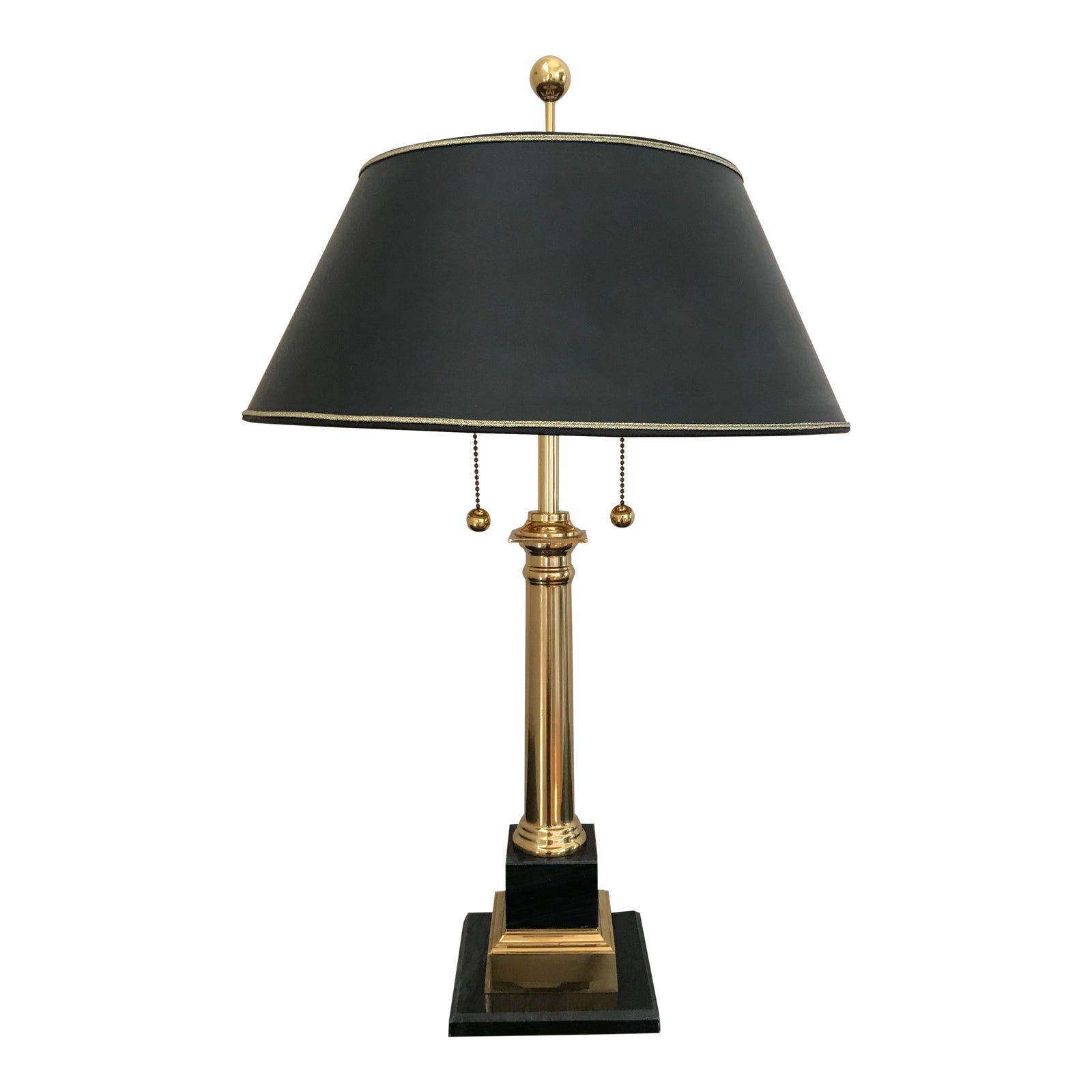 Stiffel Polished Brass and Black Marble Column Candlestick Lamp With Shade Chairish