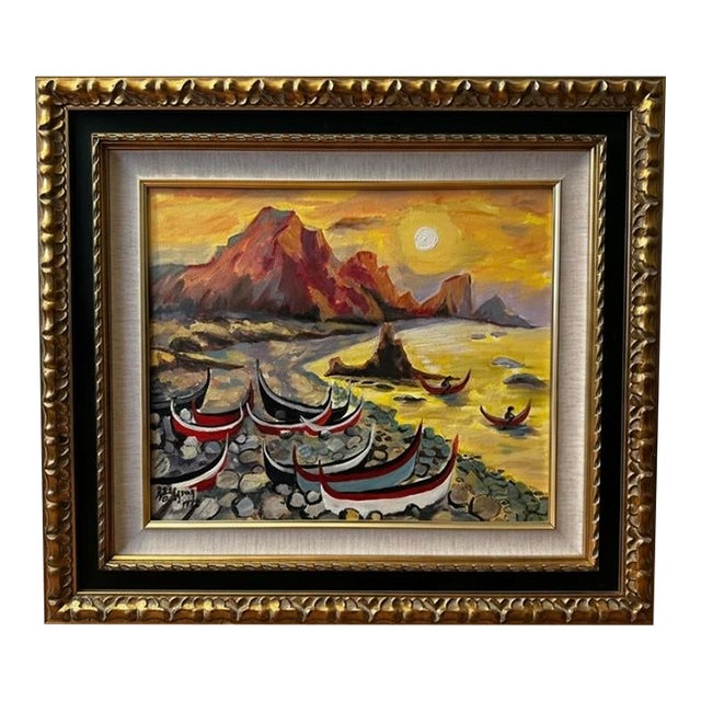 Late 20th Century Oil Painting of Boats on the Shore Signed “Yang” For Sale