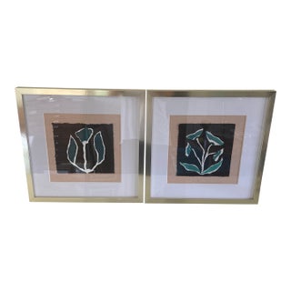 Original Abstract Floral Paintings Mounted on Fabric Matted and Framed - Set of 2 For Sale