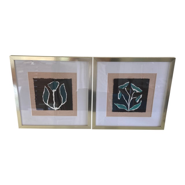 Original Abstract Floral Paintings Mounted on Fabric Matted and Framed - Set of 2 For Sale