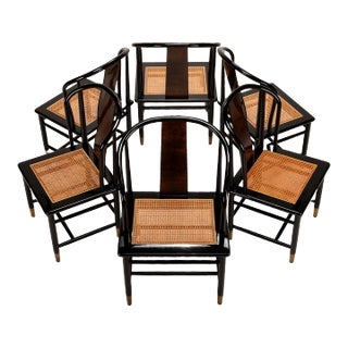 1980s Henredon Scene III Lacquer and Burl Canned Dining Chairs - Set of 6 For Sale