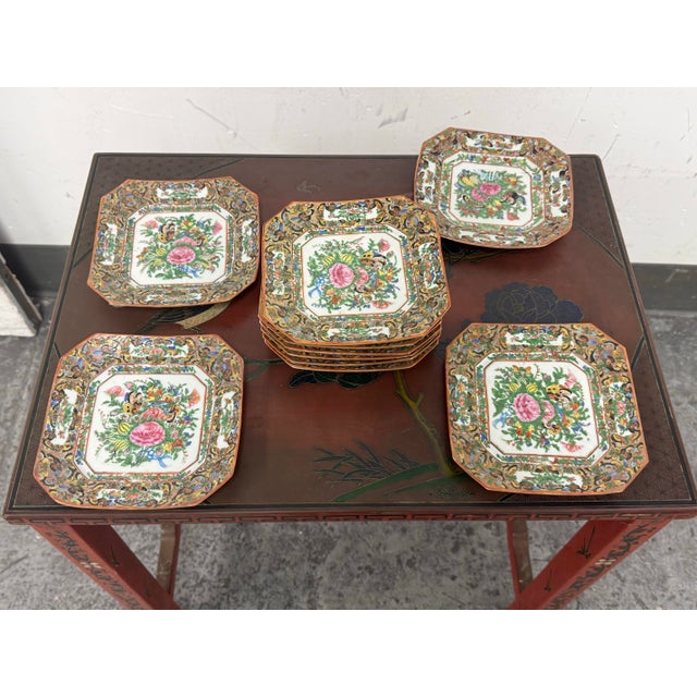 Early 20th Century Antique Canton Rose Thousand Butterflies Porcelain Plates, Set of Ten For Sale - Image 5 of 12