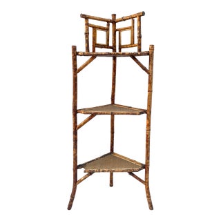 Antique Victorian Burnt Bamboo Faux Tortoise Corner Shelf For Sale