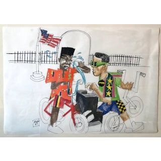 Loren Munk, Mixed Media Neo Expressionist Painting Drawing African American Kids in Park, 1989 For Sale
