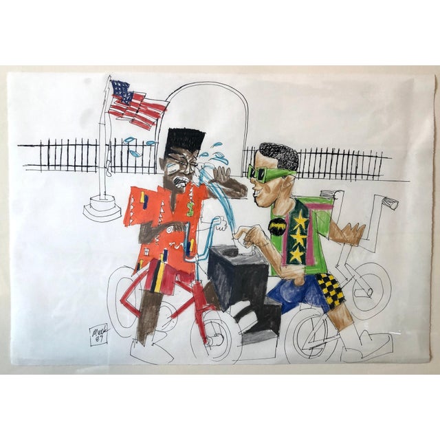 Loren Munk, Mixed Media Neo Expressionist Painting Drawing African American Kids in Park, 1989 For Sale