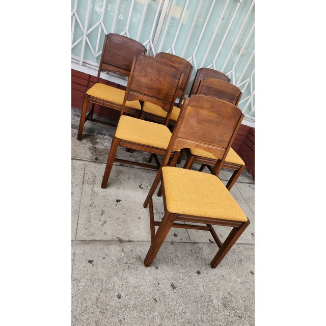 Textile Mid-Century Modern Wood Dining Chairs With Yellow Upholstery For Sale - Image 7 of 12