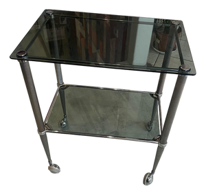 Vintage Silver-Plated Metal Bar Cart with Two Smoked Glass Shelves on Wheels, 1950s