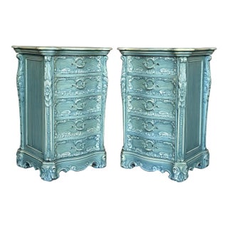 1950s Pair of Solid Wood Carved Turquoise Nightstands With Five Drawers, Signed For Sale