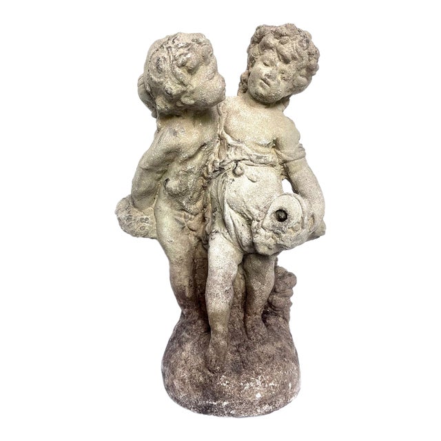 Vintage Mid-Century Neoclassical Weathered Concrete 18" Cherub Fountain Sculpture For Sale