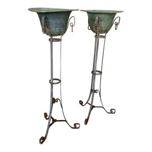 Antique French Wrought Iron and Copper Patinated Jardinières Planters-Pair