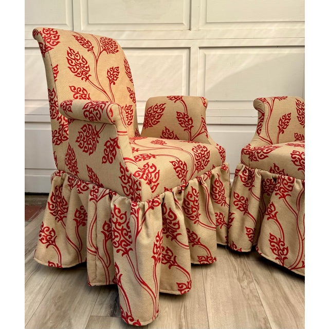 Pair of Vintage Skirted Swan Arm Chairs With Red Embroidered Textile For Sale - Image 15 of 15