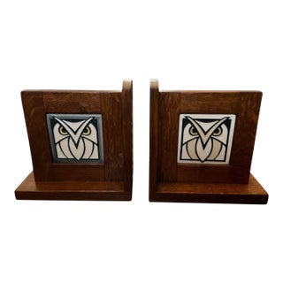 Pair of Motawi Oak Bookends With Owl Tile Insets For Sale