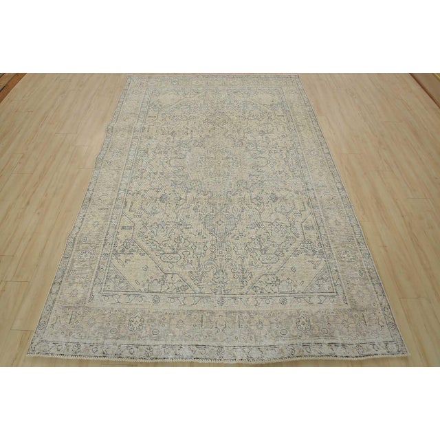 Farmhouse Tabriz Rug 6’6” X 9’3” Beige Wool Vintage Distressed Hand-Knotted Carpet For Sale - Image 3 of 15