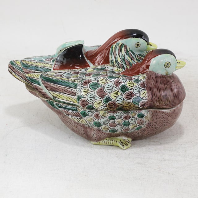 Vintage Chinese Famille Verte Porcelain Pair of Mandarin Ducks Covered Bowl For Sale - Image 12 of 12