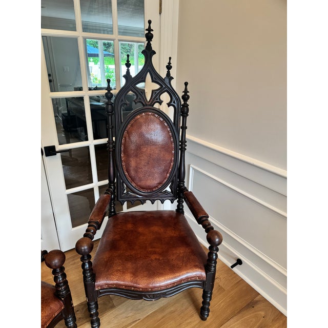 Gothic Pair of Antique Victorian Gothic Revival High-Back Walnut Armchairs — C. 1870–1885 For Sale - Image 3 of 7