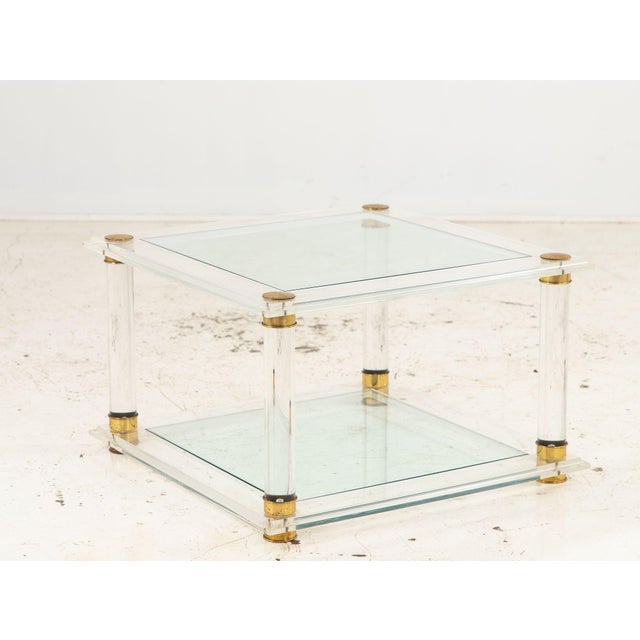 Hollywood Regency Lucite, Glass, and Brass Cocktail Table, 1970s For Sale - Image 3 of 8