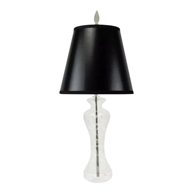 Mid 20th Century Vintage Waterford Attributed Crystal & Lucite Clear Etched Shaped Glass Table Lamp For Sale